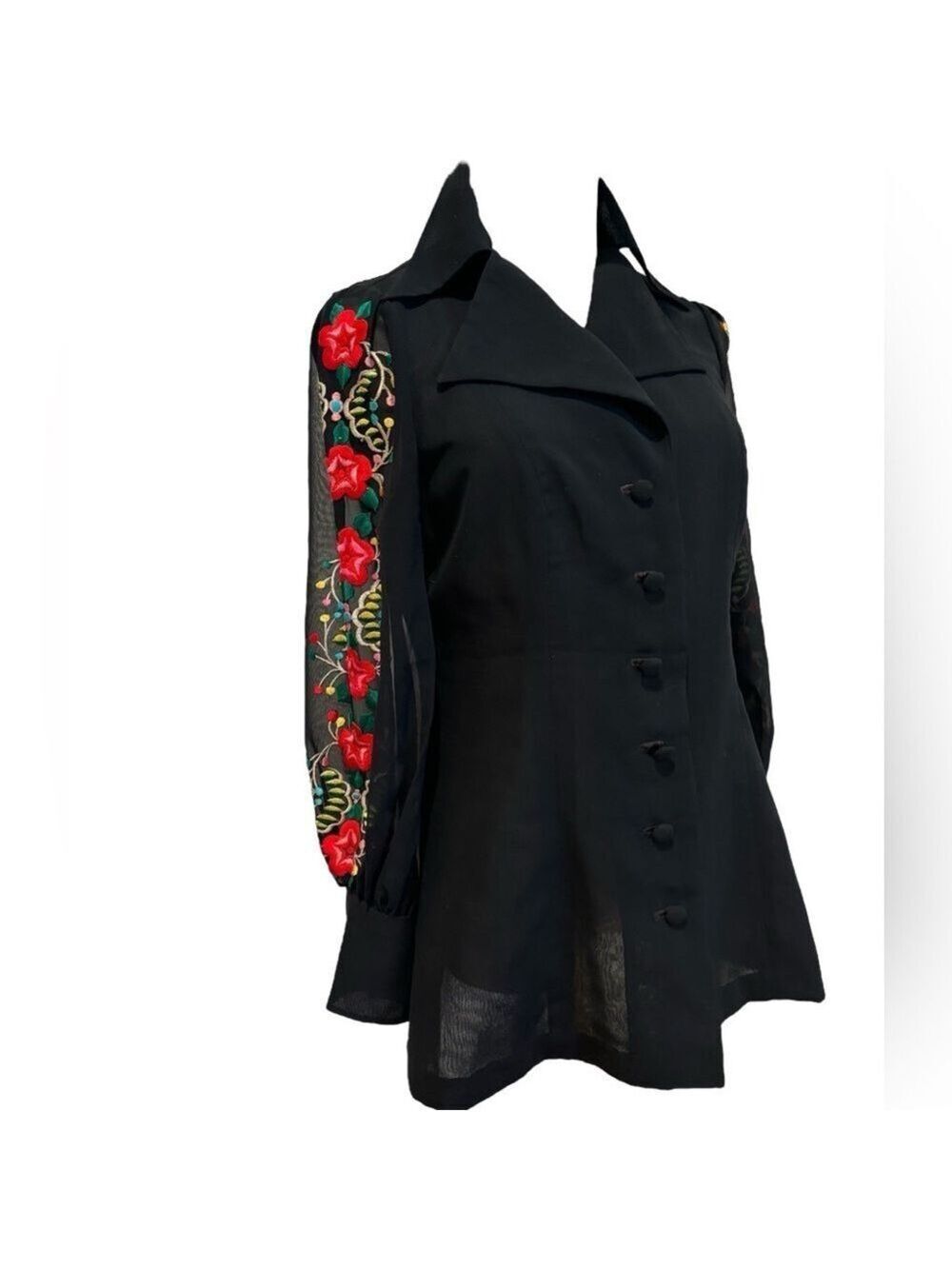 70s SHEER BLACK COTTAGECORE BLOUSE SHACKET W FLORAL EMBROIDERED BISHOP SLEEVES